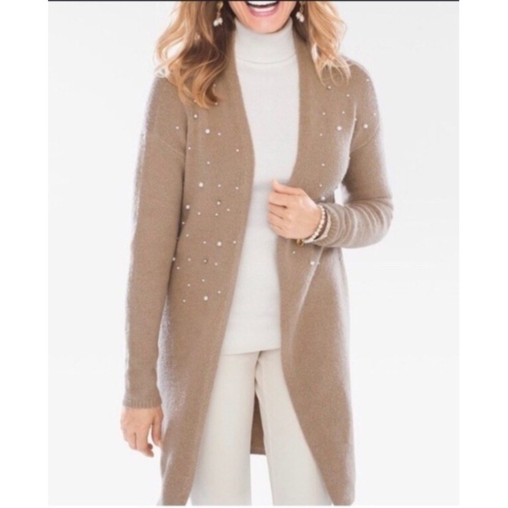Chico's Women's 2/L Scattered Pearl Open Front Duster Sweater Beige Wool Blend